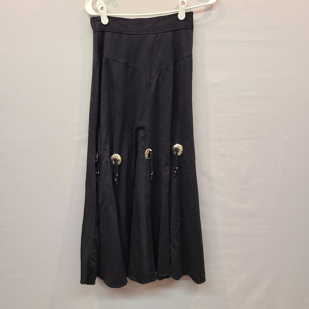 Vintage Impact Skirt Womens Medium Black Western Cowgirl Maxi Silver Medallions